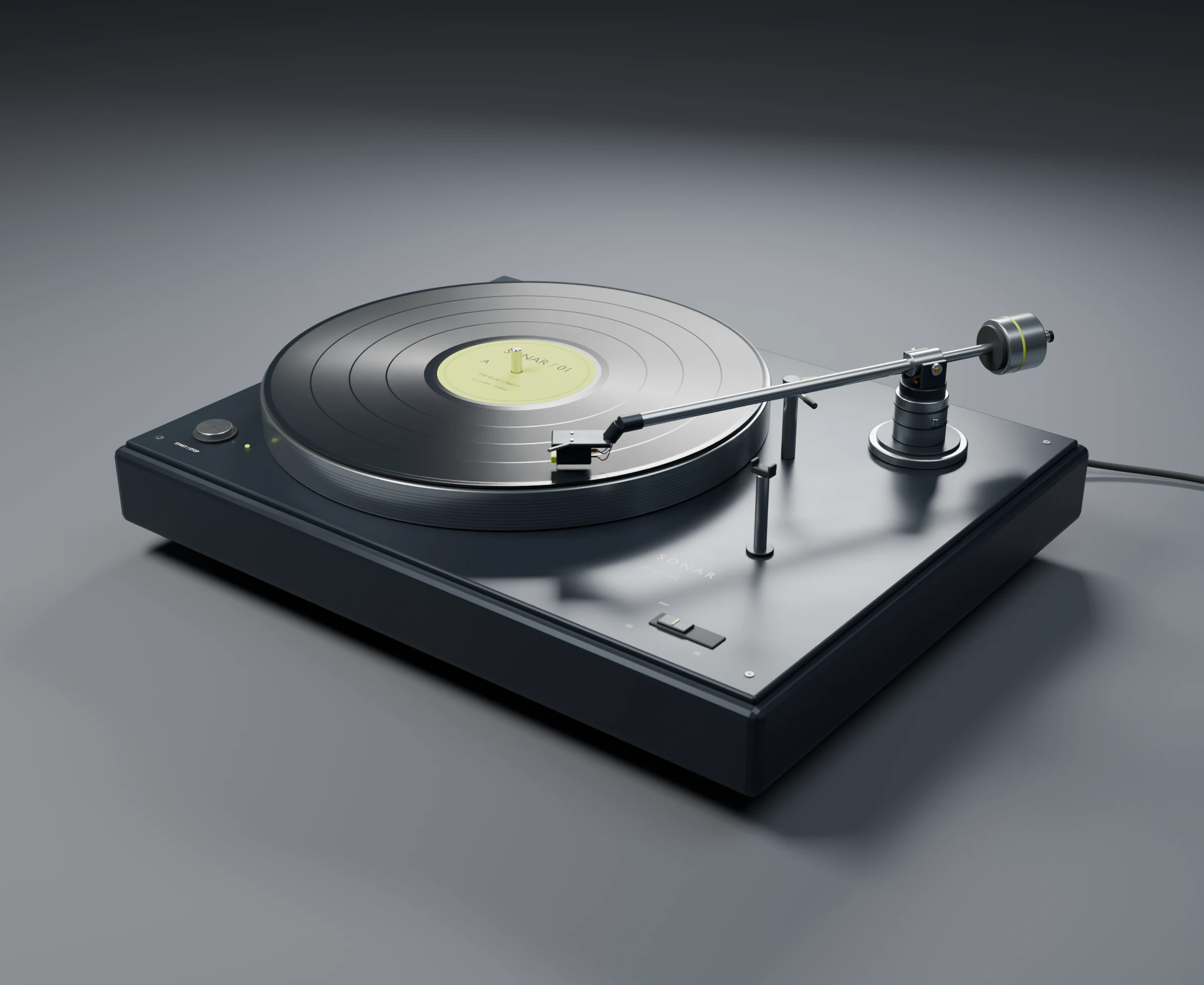 Gramofon SONAR / 01 w granatowej obudowie z płytą o limonkowej etykiecie